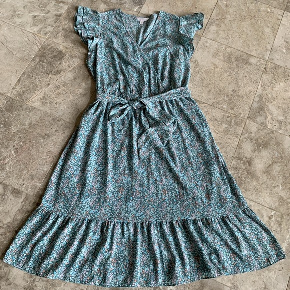 LC Lauren Conrad Dresses & Skirts - Lauren Conrad Women's Floral Flutter Sleeve Faux Wrap Midi Dress Ruffle Hem Line